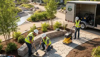 Boca Raton, FL tree service crew designing a landscaped yard with palm trees and trimmed greenery