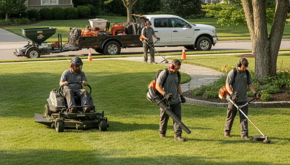 Tree service crew trimming trees in Boca Raton, FL for professional lawn care and property maintenance