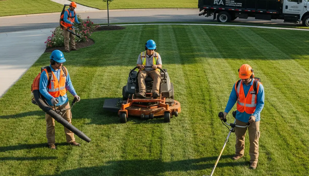 Tree service crew trimming trees in Boca Raton, FL for a maintained residential yard