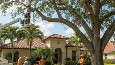 Tree service crew trimming trees in Boca Raton, FL for safe, professional property maintenance