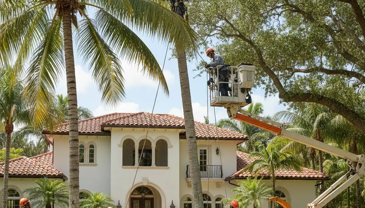 Tree service team trimming trees in Boca Raton, FL for safe, professional property maintenance