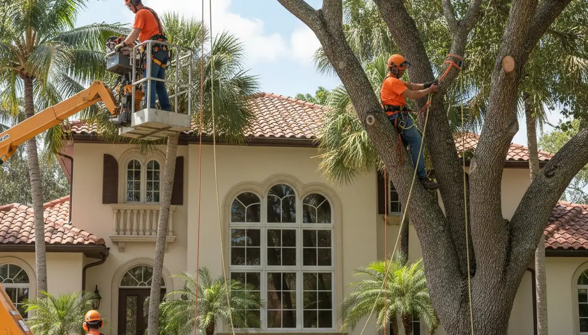 Tree service crew trimming a palm tree in Boca Raton, FL