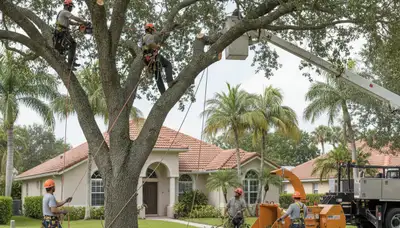 Tree service crew trimming a palm tree in Boca Raton, FL