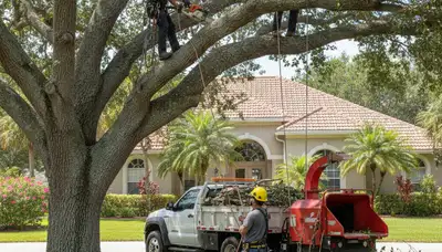 Tree service crew trimming trees in Boca Raton, FL for safe, professional property maintenance