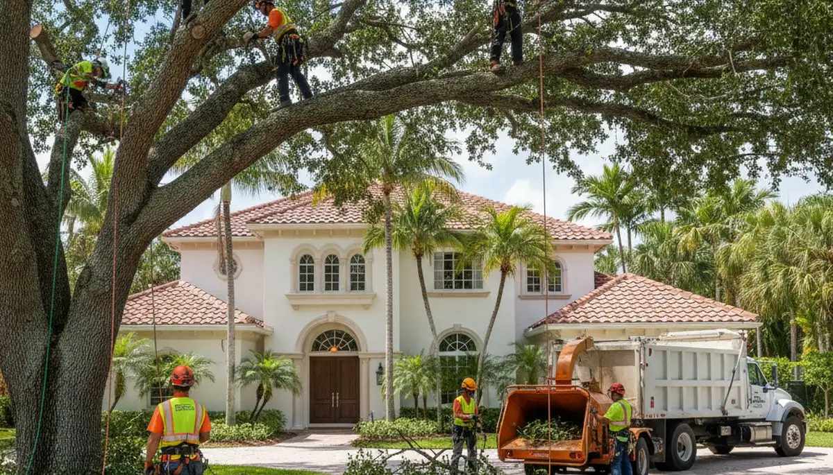 Tree service crew trimming trees in Boca Raton, FL for safe, professional maintenance