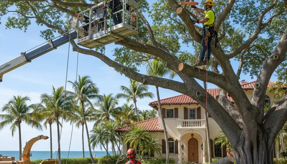 Tree service crew trimming palm trees in Boca Raton, FL