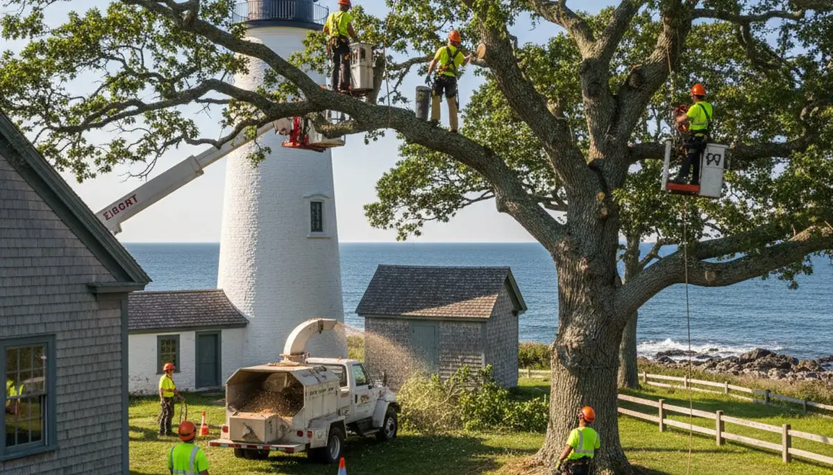 Tree service crew trimming trees in Boca Raton, FL for safe, professional yard maintenance