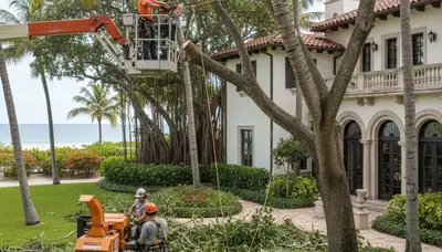 Tree service crew trimming a palm tree in Boca Raton, FL for safer, cleaner landscape maintenance